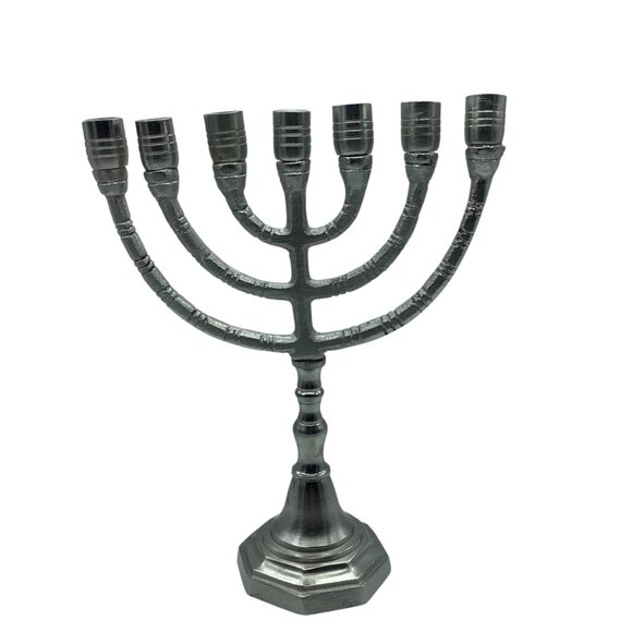 7-Branch Silver Metal Menorah Traditional Candle Holder 9" - Picture 1 of 4